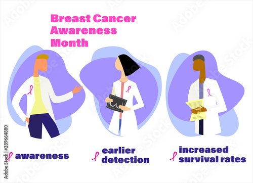 Breast cancer early detection concept. Breast Cancer Awareness Month. Hand drawn doctors with recommendations. Isolated design elemens