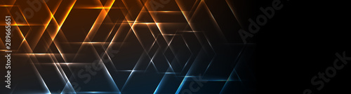 Colorful blue and orange neon hexagons. Glowing abstract geometric banner design. Modern technology luminous background. Vector illustration