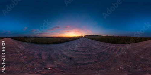 full seamless spherical hdri panorama 360 degrees angle view on asphalt road among fields in summer evening sunset with awesome clouds in equirectangular projection, ready for VR AR virtual reality