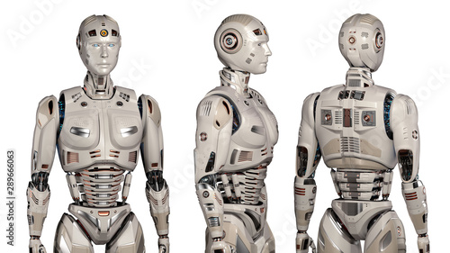 Futuristic robot man or very detailed humanoid. Set or collage of three  different angles of the upper body. Isolated on white background. 3d render  Stock Illustration | Adobe Stock