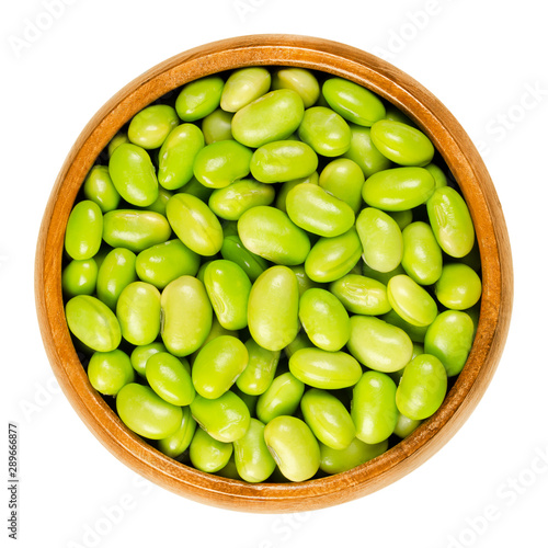 Edamame. Green soybeans in wooden bowl. Mukimame, unripe soya beans outside the pod. Glycine max, a legume edible after cooking and a protein source. Closeup, on white background, macro food photo. photo