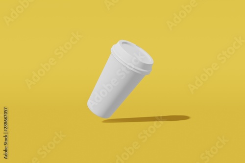 Paper cup mockup with a lid flies on a yellow background. 3D rendering
