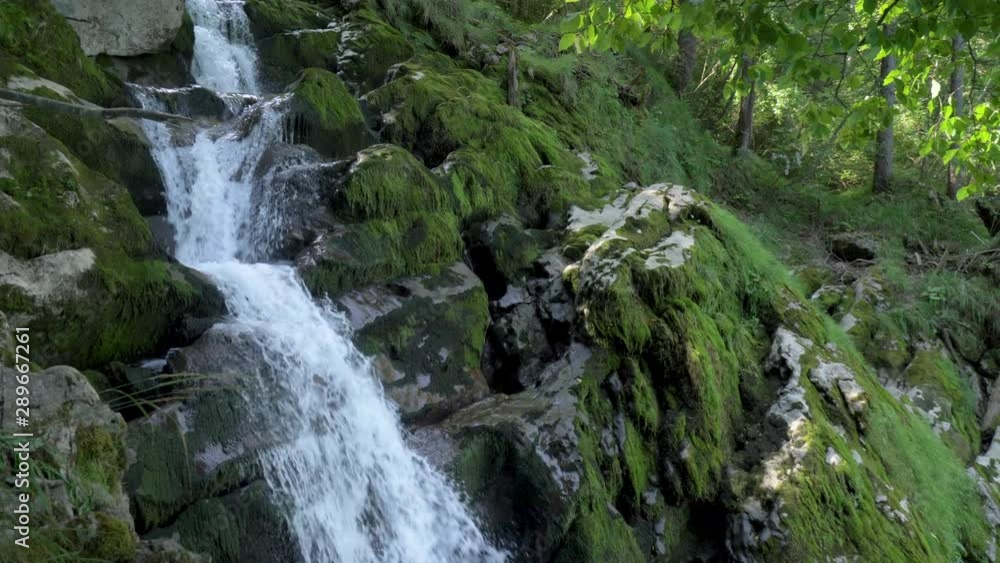A fast flowing alpine waterfall. The camera pans down to see the fast flow of water over the lush green mossy alpine rocks and surrounding forest. A fast flowing alpine waterfall. The camera pans down to see the fast flow of water over the lush green mossy alpine rocks and surrounding forest.