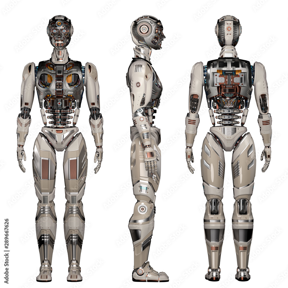 Futuristic robot man or very detailed cyborg full body. Front back and ...