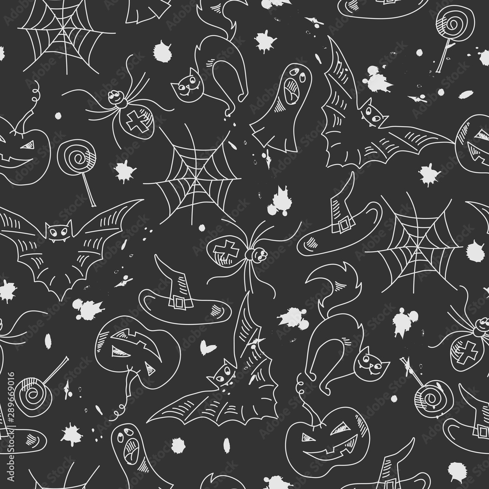 Seamless pattern for Halloween, simple contour drawings and blots on dark background, the imitation of children's drawings Seamless pattern for Halloween, simple contour drawings and blots on dark background, the imitation of children's drawings