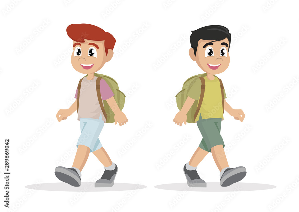 Cartoon character, Boy with schoolbag walking. Cartoon character, Boy with schoolbag walking.