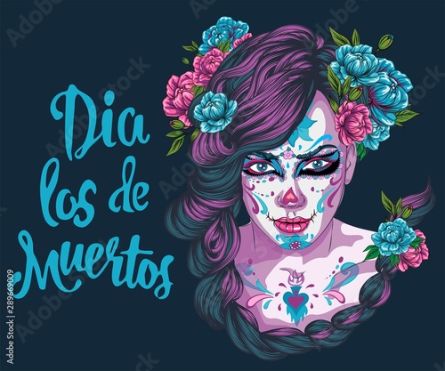 Fototapeta Naklejka Na Ścianę i Meble -  Day of dead, colorful banner and card with girl with traditional make-up and flowers in hair, Mexican holiday, sugar skull. Dia de los muertos party invitation. Vector illustration in flat style.