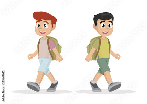 Cartoon character, Boy with schoolbag walking.