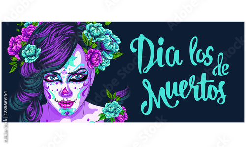 Day of dead, colorful banner and card with girl with traditional make-up and flowers in hair, Mexican holiday, sugar skull. Dia de los muertos party invitation. Vector illustration in flat style.