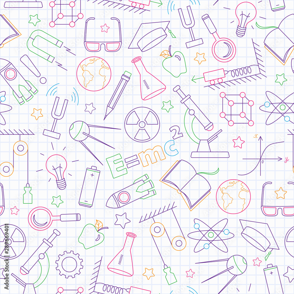 Seamless pattern on the theme of the subject of physics education, painted with colored markers on the clean writing-book sheet in a cage Seamless pattern on the theme of the subject of physics education, painted with colored markers on the clean writing-book sheet in a cage