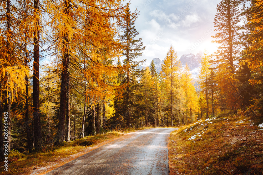 Obraz premium Scenic image of the alpine road. Location National Park Tre Cime di Lavaredo, Dolomiti alps, Italy, Europe.