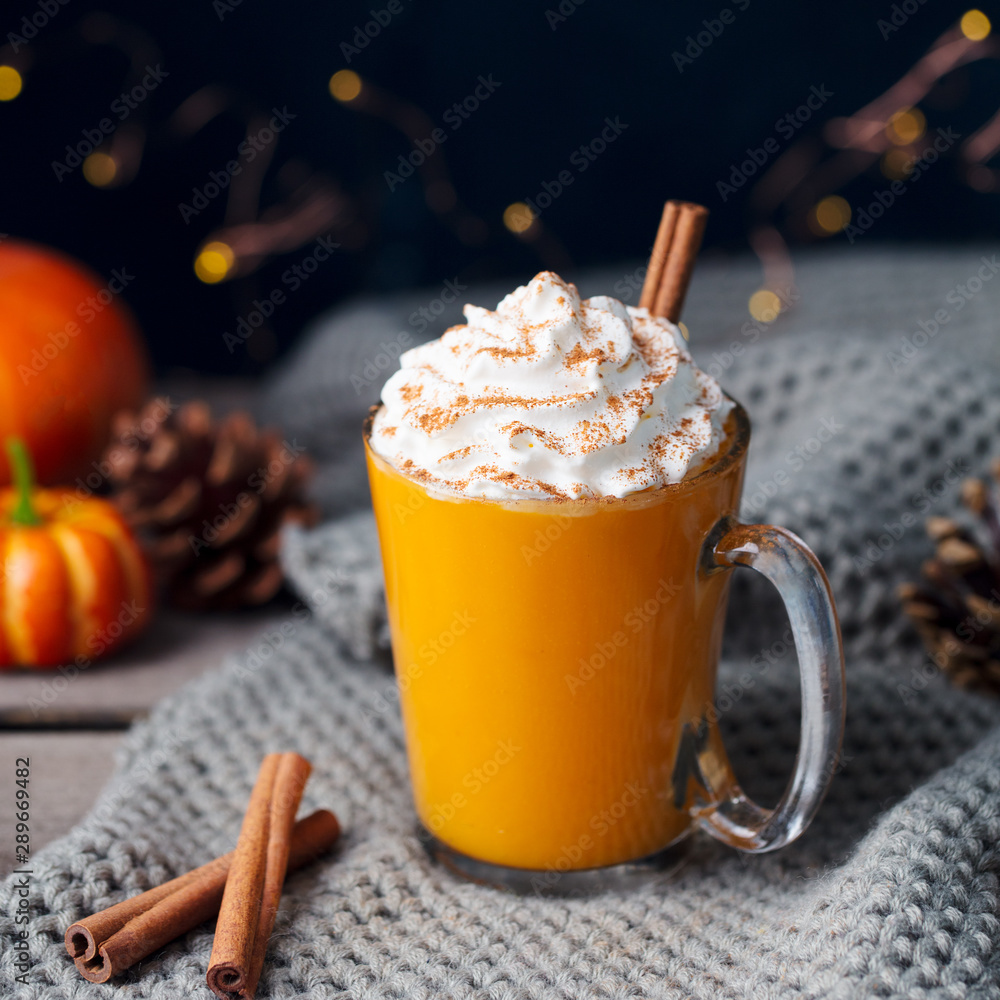 Pumpkin latte with spices. Boozy cocktail with whipped cream. Knitted scarf background. Pumpkin latte with spices. Boozy cocktail with whipped cream. Knitted scarf background.