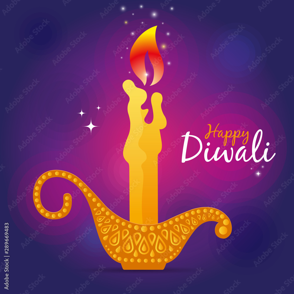 burning candle in a golden candlestick. Concept on the theme of the