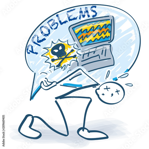 Strichmännchen mit einer großen Sprechblase, Problemen mit dem Computer und jeder Menge Fragen