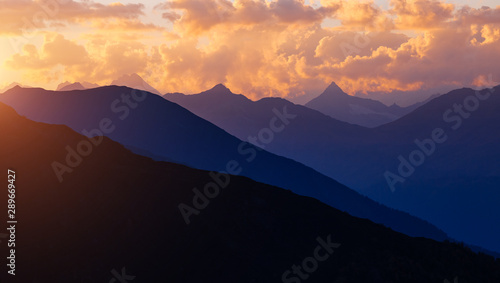A look at the grand ridge at twilight. Location Upper Svaneti  Georgia country  Europe. Main Caucasian ridge.
