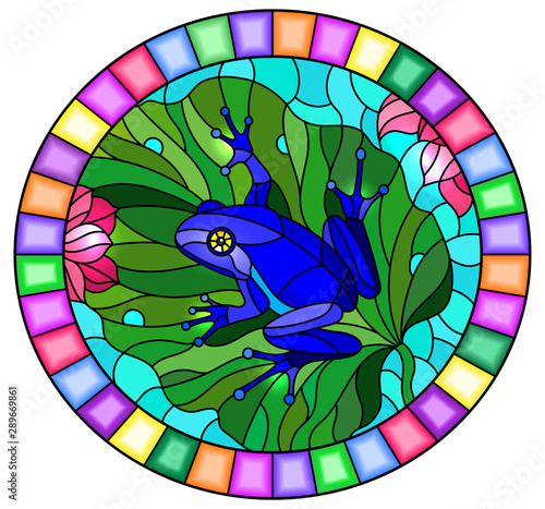 Illustration in stained glass style with abstract blue frog on Lotus leaf on water and flowers, oval image in bright frame