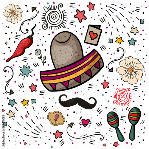 Mexican Party Elements. Collection objects for Cinco de Mayo. Doodle. - Vector.