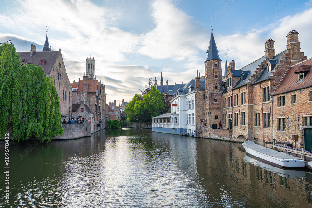 Bruges city skyline and canal in Bruges, Belgium