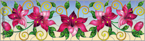 llustration in stained glass style with flowers, leaves and buds of pink lilies on a blue background