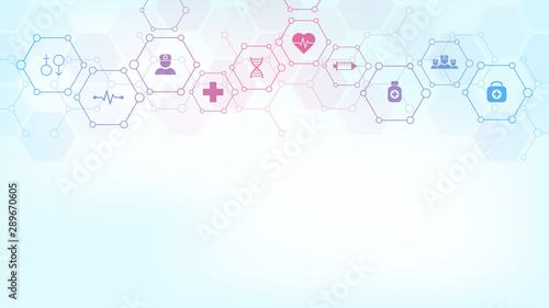 Abstract medical background with flat icons and symbols. Template design with concept and idea for healthcare technology, innovation medicine, health, science and research. Vector illustration.
