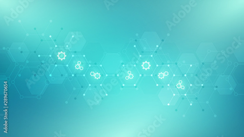 Abstract technical background with gears and cogs icons. Template design for innovation technology. Vector illustration.