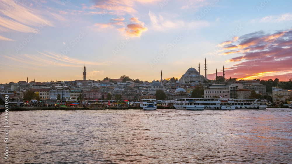 Sunset view of Istanbul port in Istanbul city, Turkey