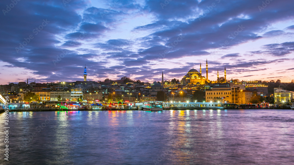 Night view of Istanbul port in Istanbul city, Turkey