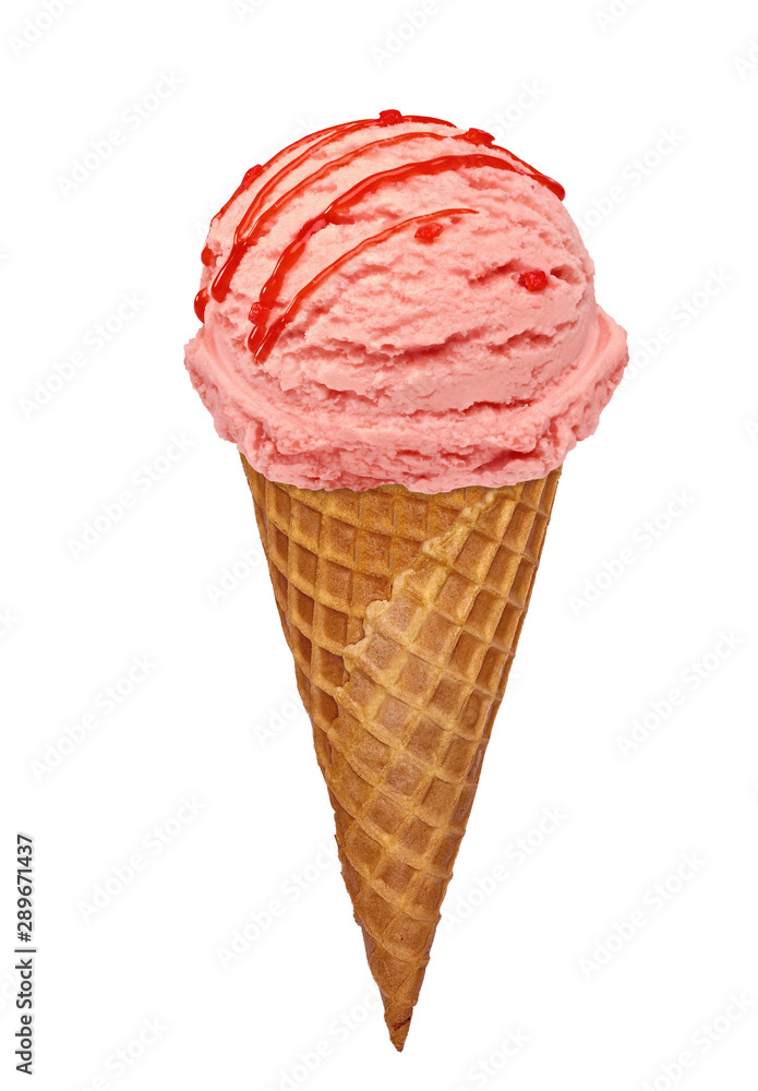 Strawberry Ice Cream with sauce, syrup, sherbet and parts on cone isolated on White Background including clipping path Strawberry Ice Cream with sauce, syrup, sherbet and parts on cone isolated on White Background including clipping path