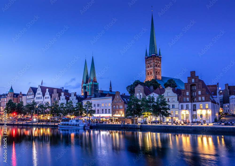 Lubeck, north Germany, panorama at blue hour with reflections