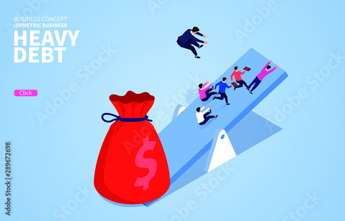 Heavy money bag hit the people on the seesaw