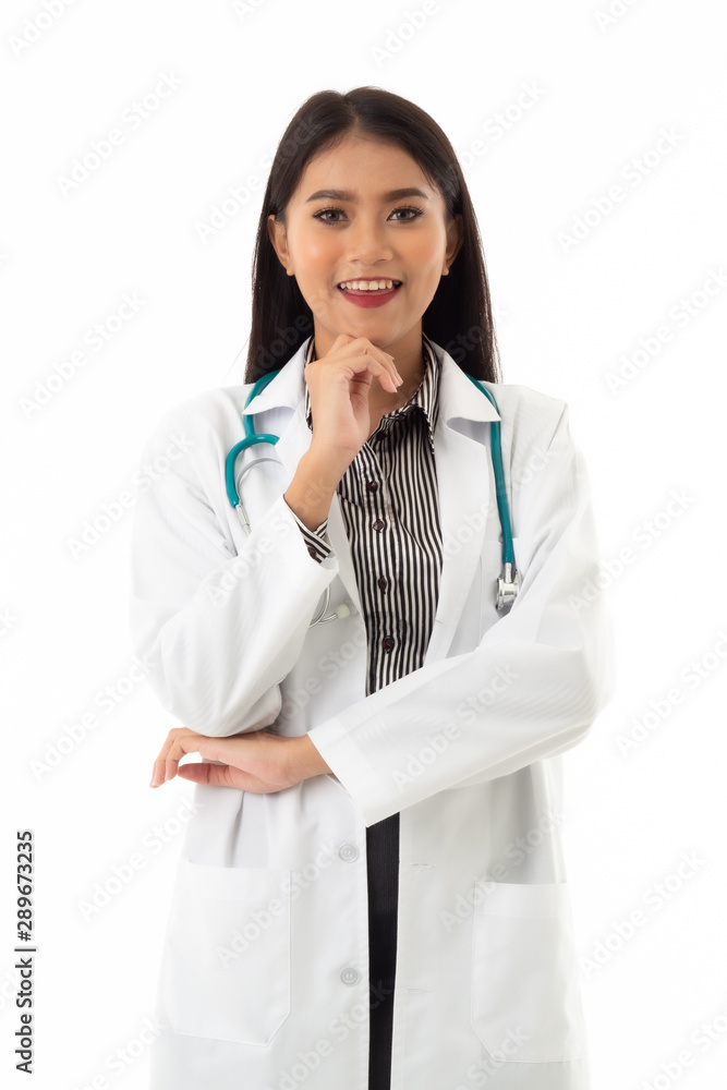 Portrait of smiling beautiful young female doctor and stethoscope stand with feeling confident and enthusiastic on white background, healthcare and medical concept. Portrait of smiling beautiful young female doctor and stethoscope stand with feeling confident and enthusiastic on white background, healthcare and medical concept.
