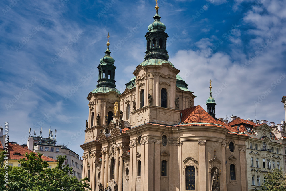 side view of Towers with crosses of an old catholic church in Prague Czech republic