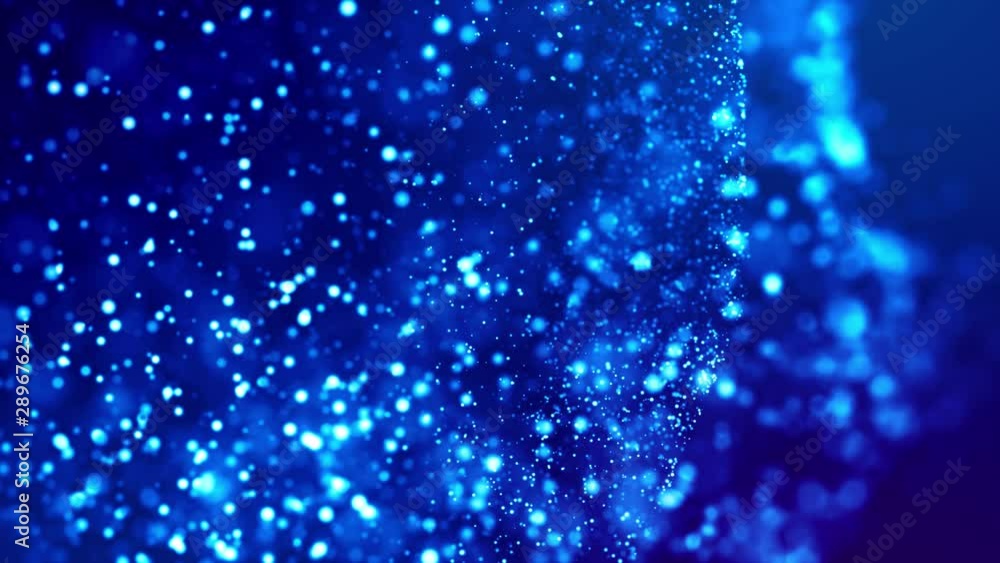 Magic blue glowing particles flow in viscous liquid and bright glisten ...