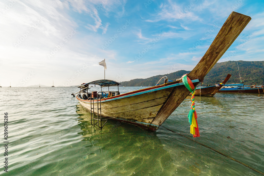 Traditional wooden boat with high prow, Koh Lipe