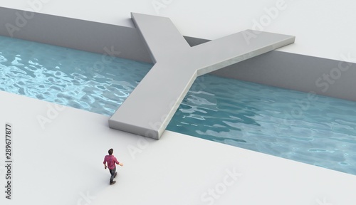 Schilderij op canvas 3D illustration of letter Y used as a bridge with a man about to cross