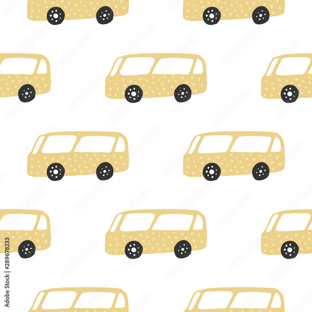 Yelow bus seamless pattern. Doodle cars vector illustration.