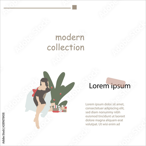Gift card with bow and ribbon, gift box and woman loving shopping. Shopping certificate and gift voucher, prepaid cash card and bonus, sale concept, violet palette. Website landing web page template.