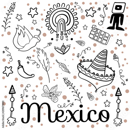 Set Mexican Party. Coloring page adult and kids. Mexican traditional holiday. Cinco de Mayo Mexican traditional fiesta and Mexico holiday. - Vector. Vector illustration