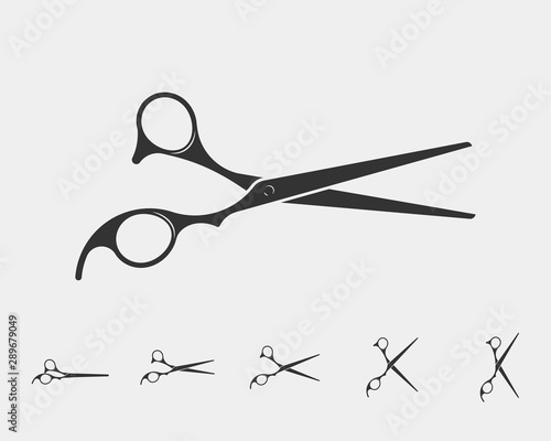 Set hair cut scissor icon. Scissors vector design element or logo template. Black and white silhouette isolated.