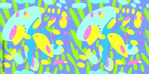 Vector seamless abstract pattern. Doodle animal pattern with colorful bugs and leaves. 