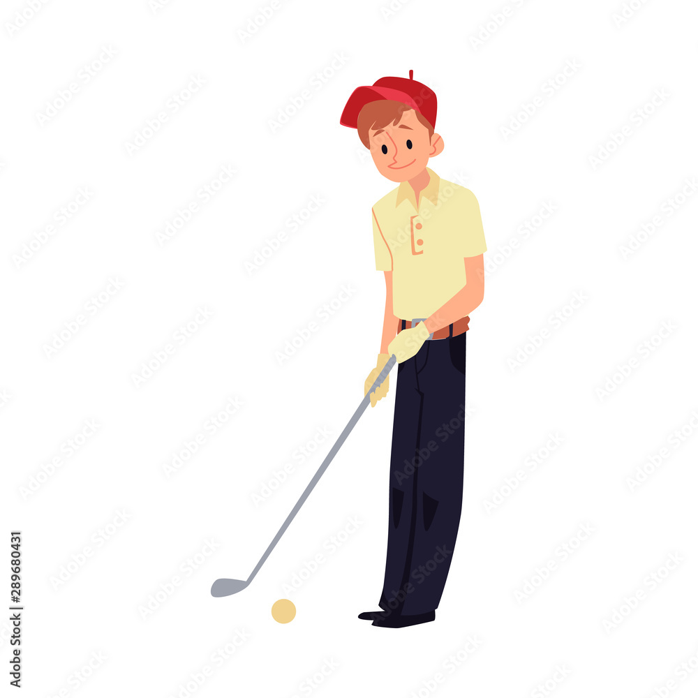Teenager boy in red cap playing golf flat cartoon vector illustration isolated. Teenager boy in red cap playing golf flat cartoon vector illustration isolated.