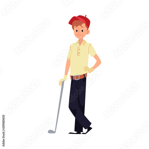 Kid golfer for golf club and gaming flat cartoon vector illustration isolated.