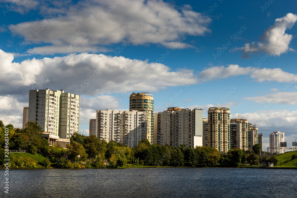 Obraz premium Residential houses and office buildings on the river bank. Moscow. Russia.