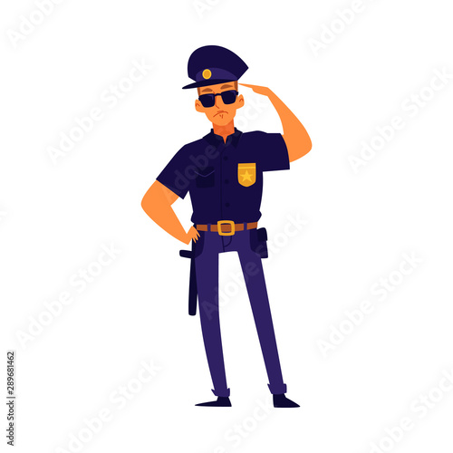 Cartoon policeman standing in salute pose, police officer character wearing blue uniform