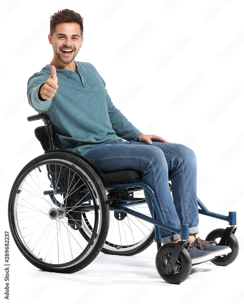 Happy man in wheelchair showing thumb-up gesture on white background Stock  Photo | Adobe Stock