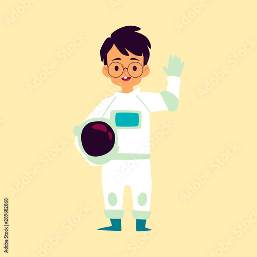 Cute little racer boy holding helmet cartoon isolated flat vector illustration.