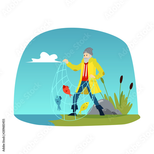 Fisherman with fishnet vector illustration on a background of river landscape.