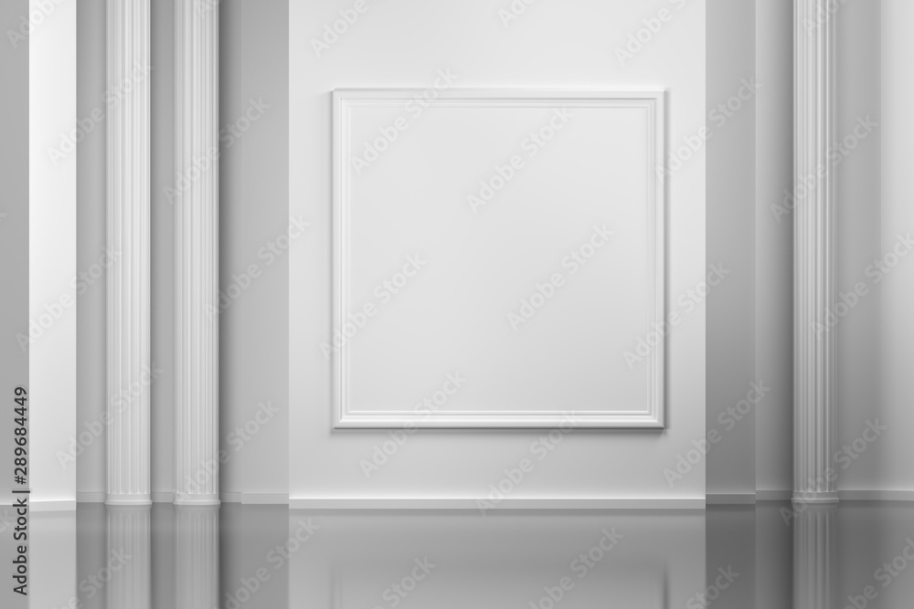 Gallery interior with an mock up empty picture frame and pillars over mirror floor. 3d illustration. Gallery interior with an mock up empty picture frame and pillars over mirror floor. 3d illustration.