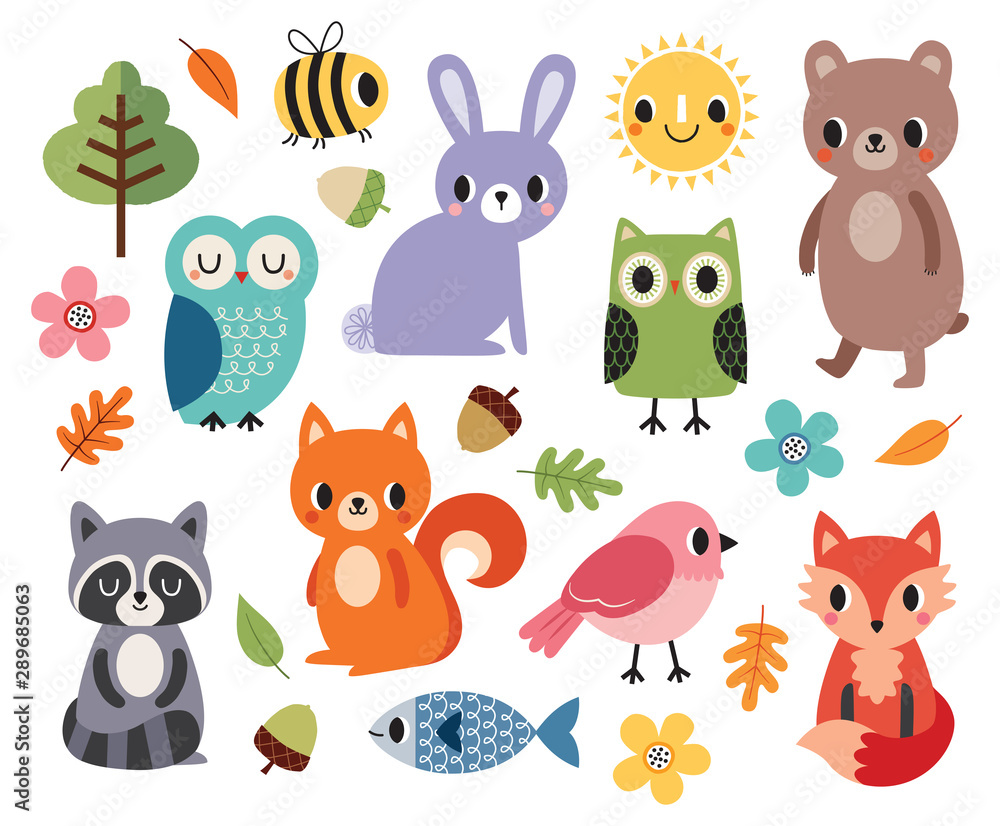 Vector set of cute forest animals and birds, flowers and autumn leaves, isolated on white. Cute colorful elements for baby shower, children, fall and autumn, Thanksgiving, stickers and patches. Vector set of cute forest animals and birds, flowers and autumn leaves, isolated on white. Cute colorful elements for baby shower, children, fall and autumn, Thanksgiving, stickers and patches.