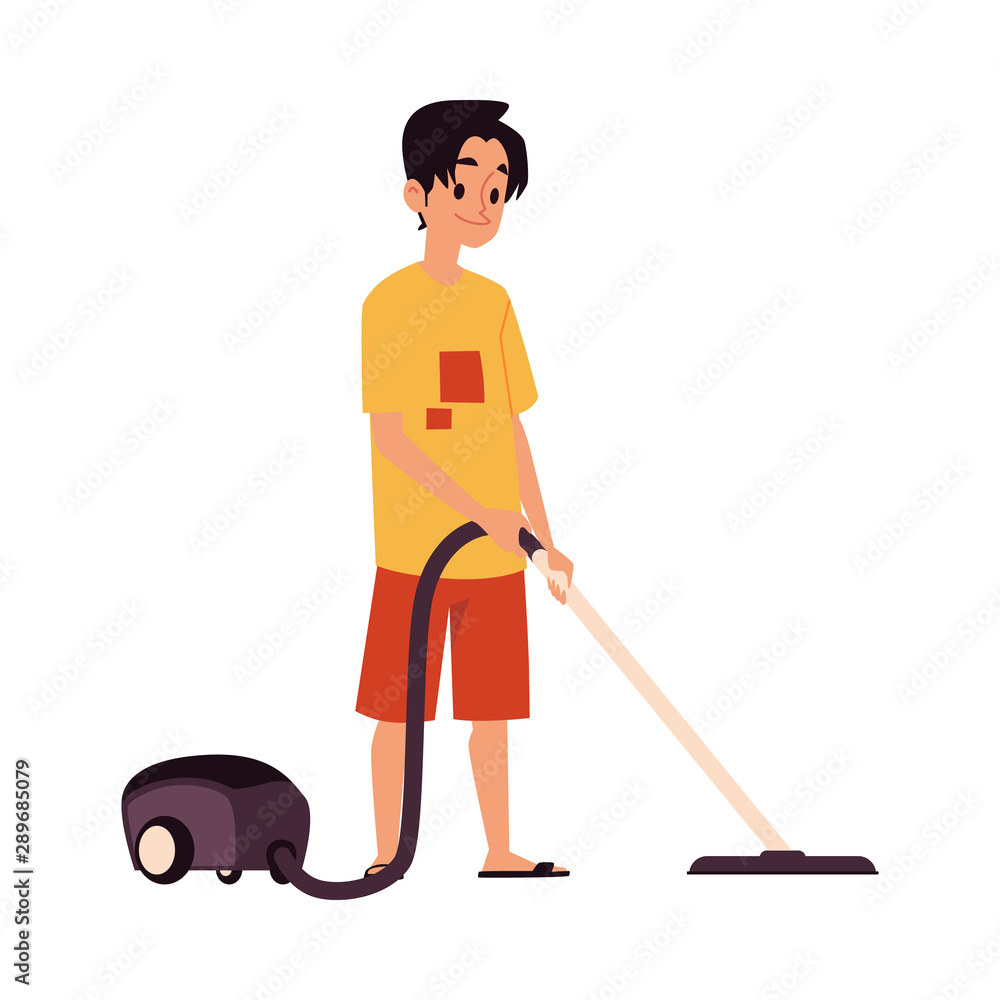 Caucasian young man and guy vacuuming at home.